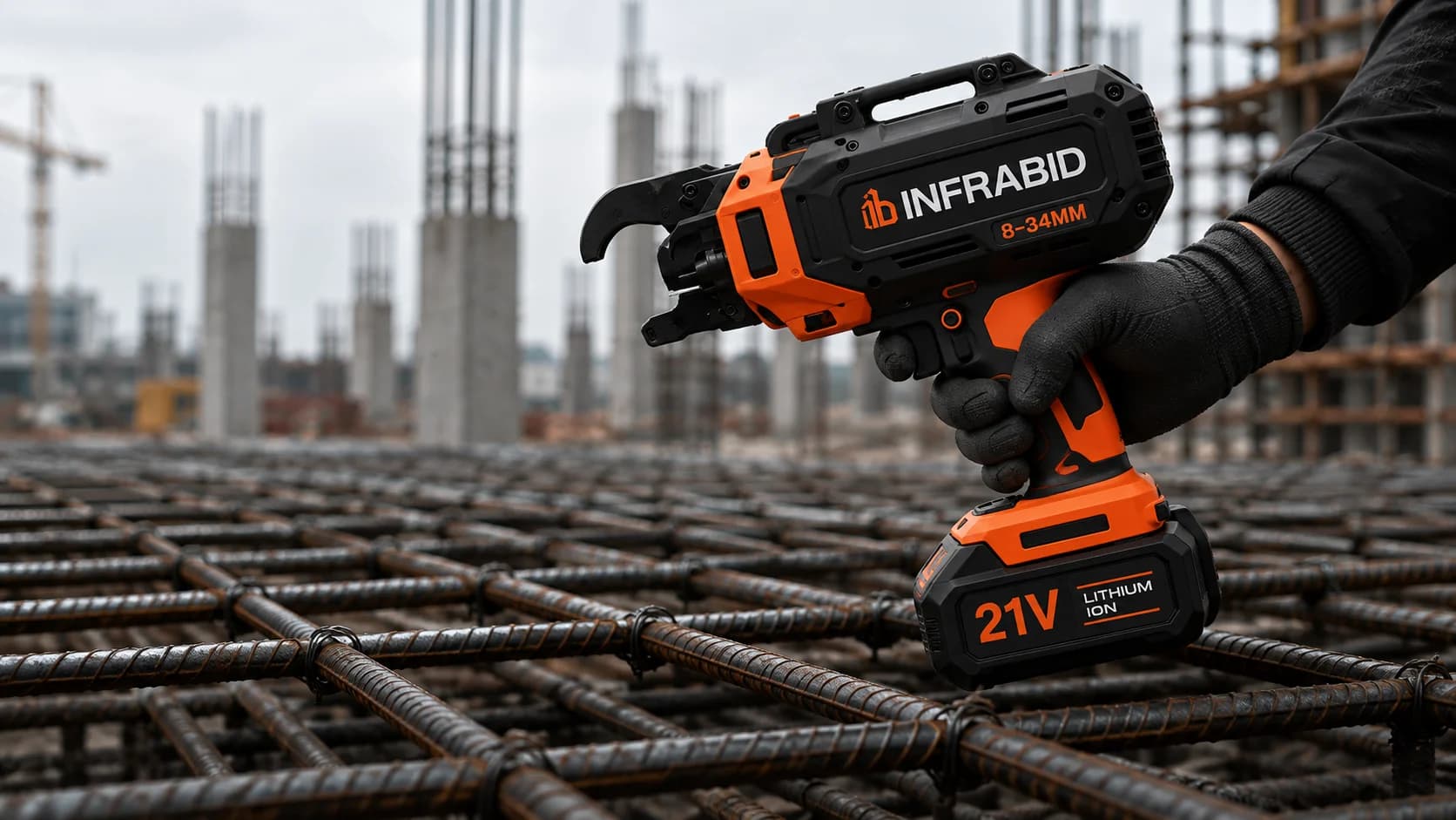 A gloved worker holding the Infrabid rebar tying machine above a steel reinforcement grid