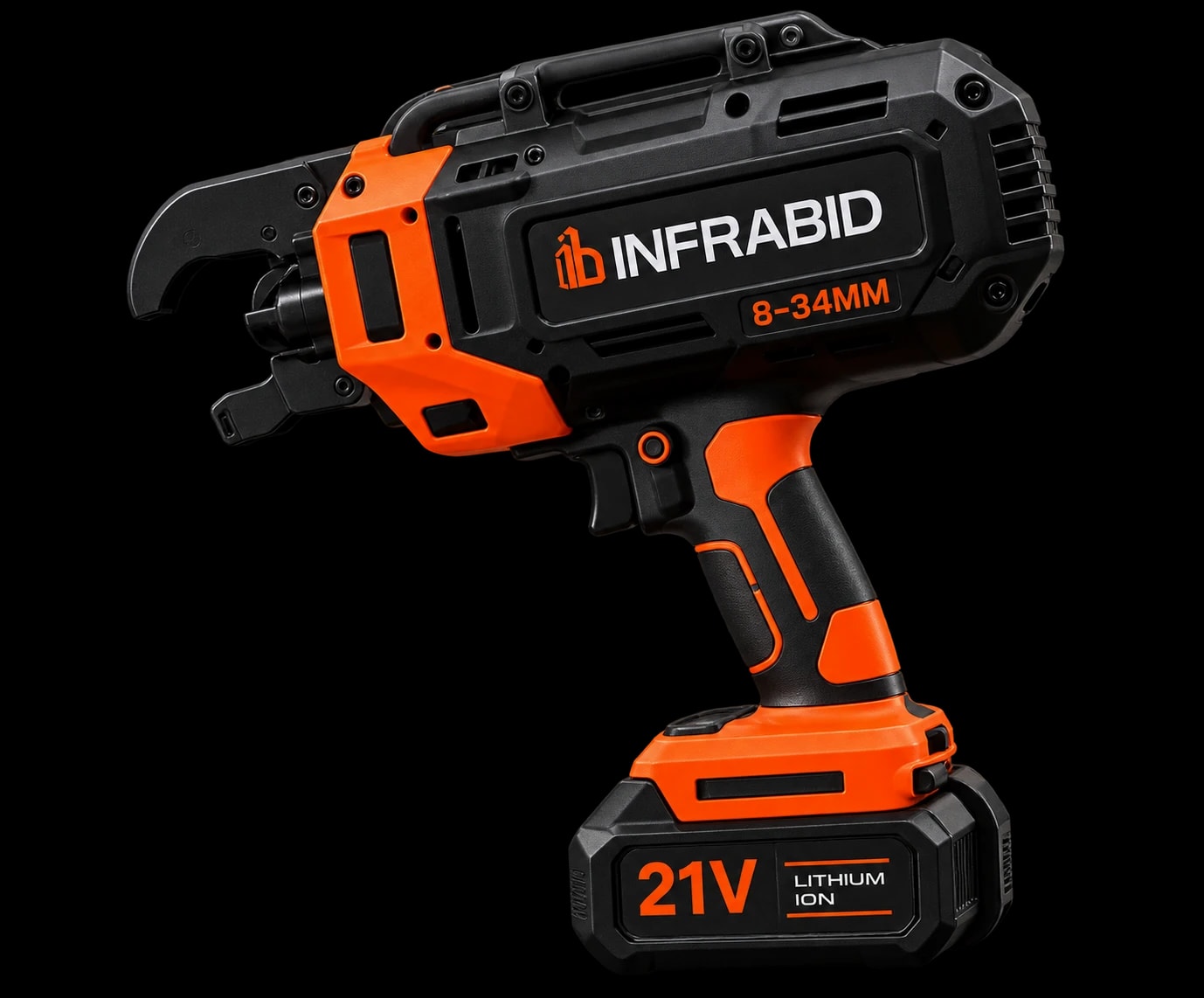 Orange and black Infrabid cordless rebar tying machine with a 21V battery